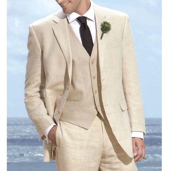 

men's suits & blazers khaki linen wedding tuxedos for beach groom wear notched lapel 3 piece classic fit party men ( jacket + pants +ve, White;black