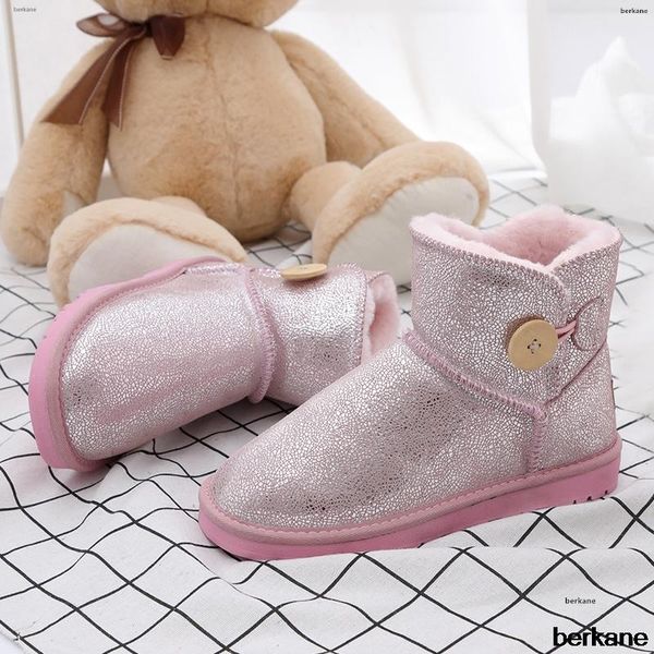 

genuine leather ankle snow boots waterproof fur button 2020 plush female winter warm shoes snowboots flats big size 48 short hot, Black