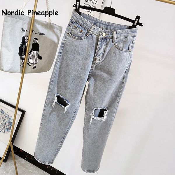 

women's jeans 2021 ripped female straight leg loose fashion nine minutes radish high waist woman pants1, Blue