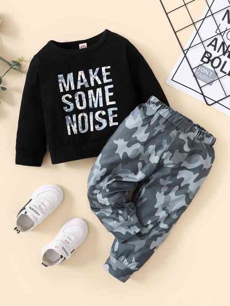 

baby slogan graphic pullover & camo print sweatpants she, White