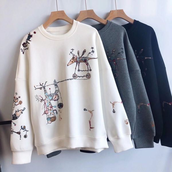 

мягкий и широкий воздушный свитер хлопок длинный рукав круглый шею досуг цвет иглы вышитую свитер для осени 2020 scytm, Black