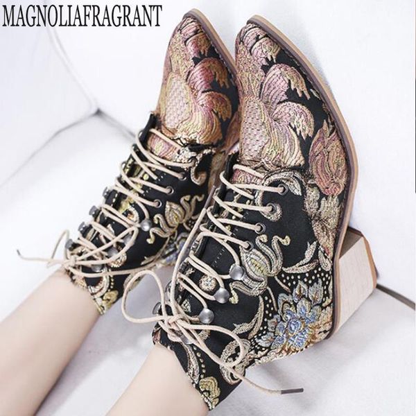 

boots women ankle retro nationality shoes woman pointed lace up high heel satin embroidery women's y1511, Black