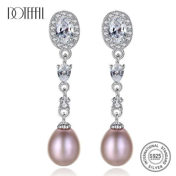 

doteffil 7 мм фиолетовый / белый / розовый жемчуг 925 стерлингового серебра большой циркон круглые длинные серьги для женщин свадебные обруч, Silver