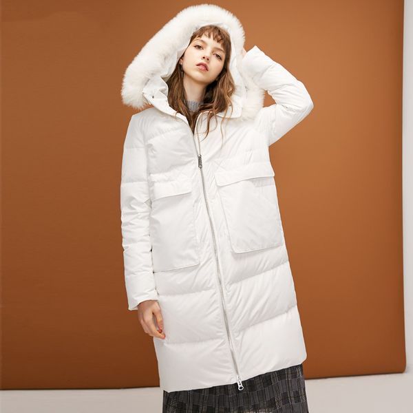 

womens' winter new fox fur collar hooded long down jacket waist drawstring double start zipper, Black