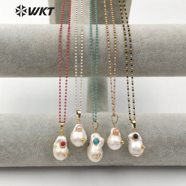 

natural baroque pearl rhinestone pave pendent with colorful gem-stone bead chain necklace woman fashion jewelry t200113, Silver