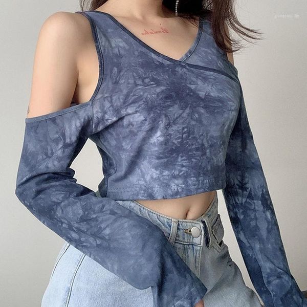 

womens fashion long-sleeved blouse slim v-neck sweatshirt personality tie-dye v-neck off-shoulder exposed navel autumn t-shirts1, White