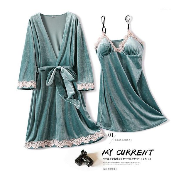 

2020 new women's pajamas two piece set autumn and winter gold velvet suspender nightdress robe set for women1, Black;red