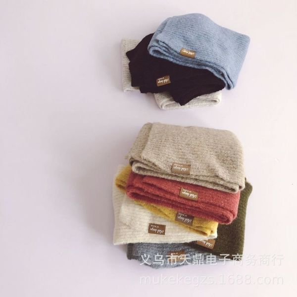 

sle children's knitted korean scarf with pure color friendly cow leather label, Red;brown