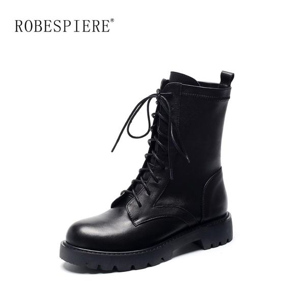 

robespiere new round toe ankle boots cow leaher waterproof warm snow boots zipper lace-up platform women's shoes b6, Black