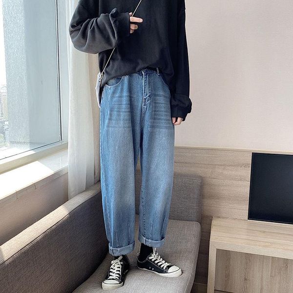 

2020 autumn and winter new youth popular men's loose solid color jeans fashion casual all-match simple straight-leg pants, Blue
