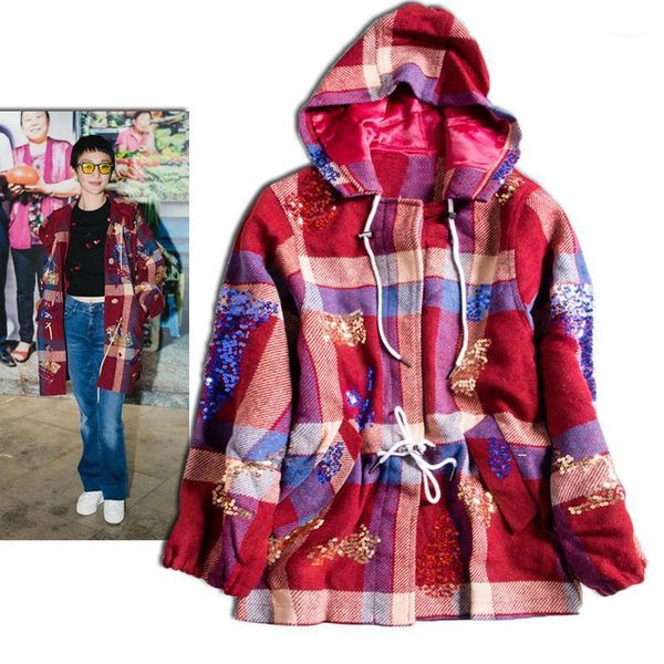 

new autumn kaki vintage small scented wind handmade heavy work sequins hat plaid woolen coat female star1, Black;brown