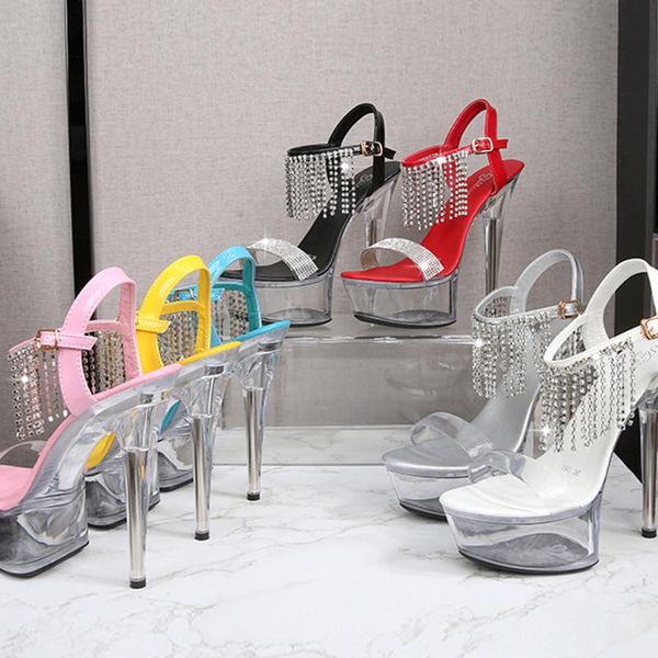 

2021 summer new style women 13cm15cm stripper high heels elegant sandals blue nightclub sandals crystal big size female shoes, Black