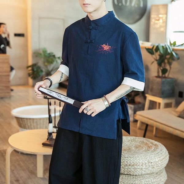

men home pure color button linen shirts 2020 short sleeve retro fashion casual blouse streetwear tang suit male, White;black