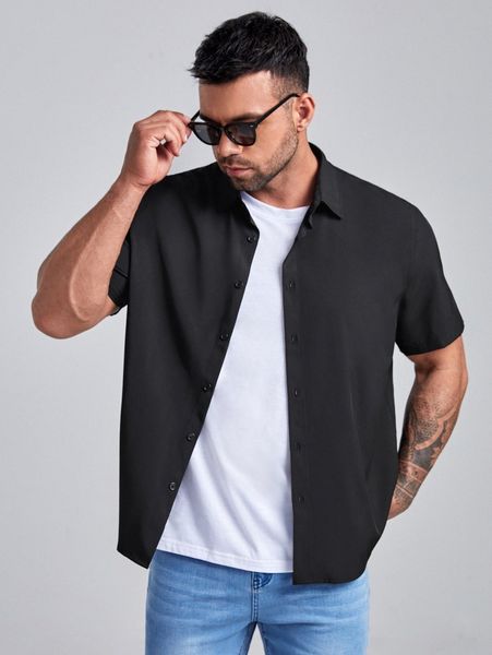 

extended sizes men solid button front curved hem shirt j9mb#, White;black