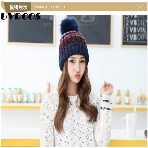 

beanie/skull caps uvrcos mink and fur ball cap pom poms winter hat for women girl 's knitted beanies brand thick female, Blue;gray