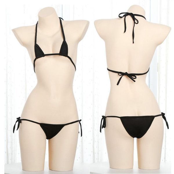

shop three point mini cup micro bikini extreme women erotic lingerie halter neck black bra strap underwear set1, Red;black