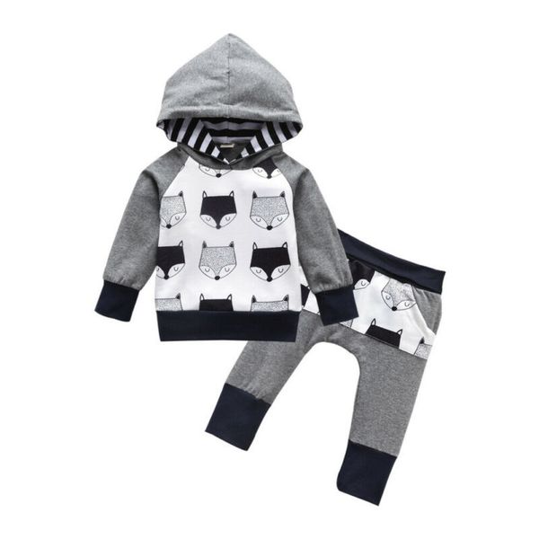 

0-4t newborn infant baby boy clothes set cotton fox print hooded sweatshirt+long harlen pants outfits clothing set clothes suit y200803, White