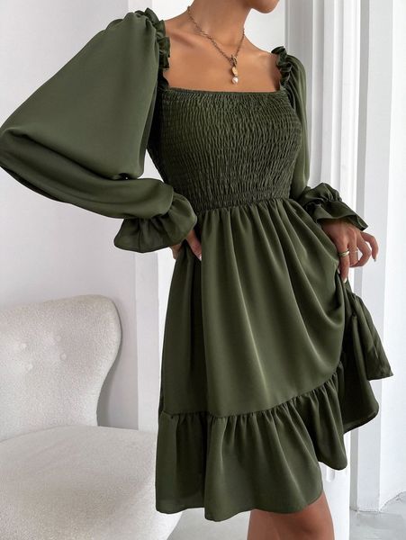 

square neck shirred bodice flounce sleeve ruffle hem dress e9y3#, Black;gray