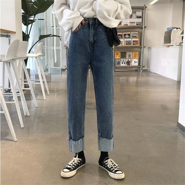 

women's jeans solid students high waist street casual straight curl loose slim autumn denim large size wide leg trouser, Blue