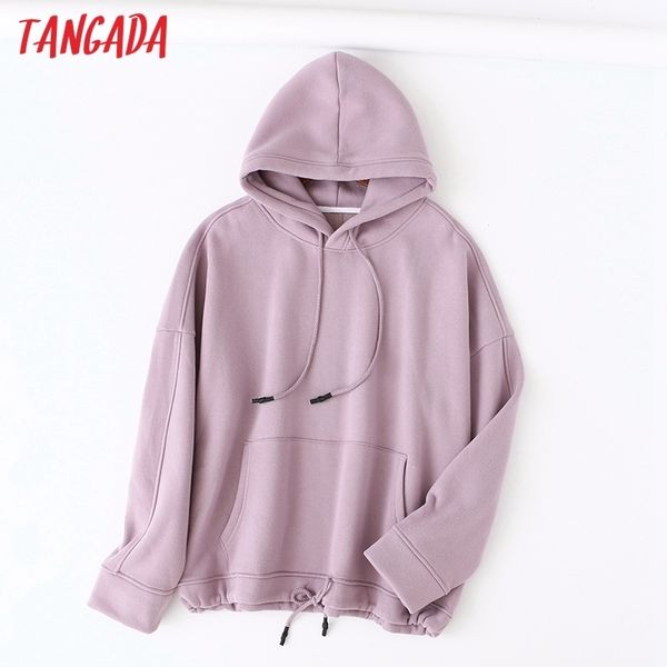 

tangada autumn winter women lavender cotton fleece hoodie sweatshirts ladies oversized pullovers pocket hooded lj200810, Black