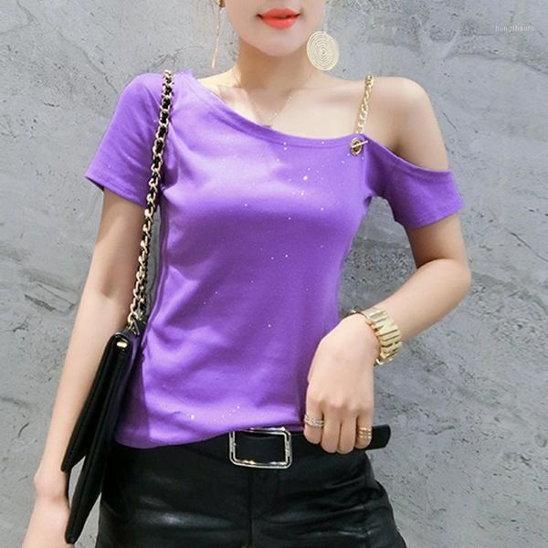 

clothes shiny chain off shoulder t-shirt women 2020 summer cotton short sleeve ropa mujer bottoming shirt tees t024181, White