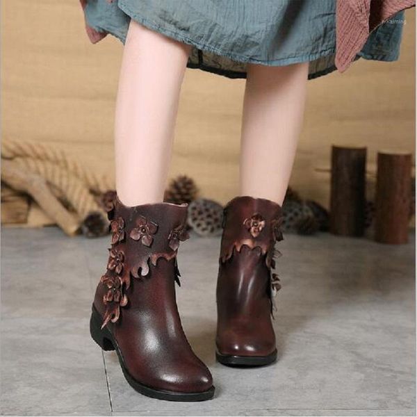 

boots autumn winter women plush inside genuine leather short casual mid-calf round toe thick heels fashion flower 202110311, Black