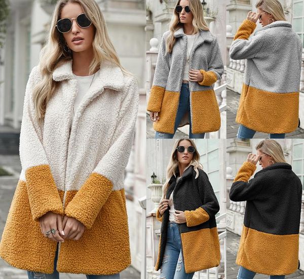 

women's fall/winter mid-length lapel furry cardigan puff fleece jacket, Black;brown