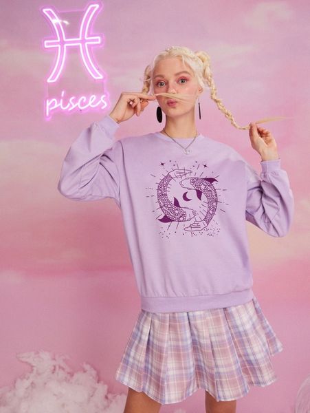 

romwe x whatsupdale starsalign pisces fish print sweatshirt v1o7#, White;black