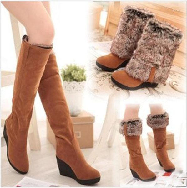 

winter styles fur boots ladies high heels platform knee high snow boots women 2021 warm fur wedge shoes woman 8961, Black