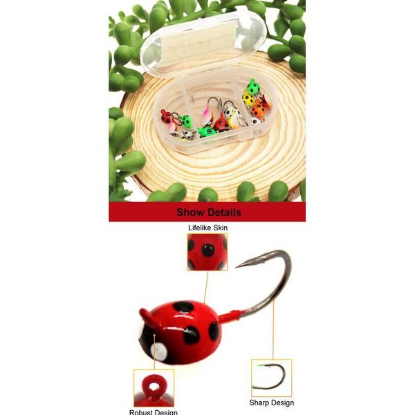 

gobygo 15pcs/set 1m/15mm/17mm winter ice fishing hard bait mini ice jig with box beetle shape lead ice hook metal fish jllgvl