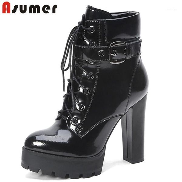 

asumer 2020 gradient high heel platform shoes women ankle boots round toe lace up buckle fashion dress shoes woman1, Black