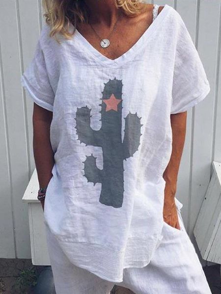 

women's white blouse cactus printed womens and blouses summer short sleeve loose shirt v-neck casual summer tunic 5xl