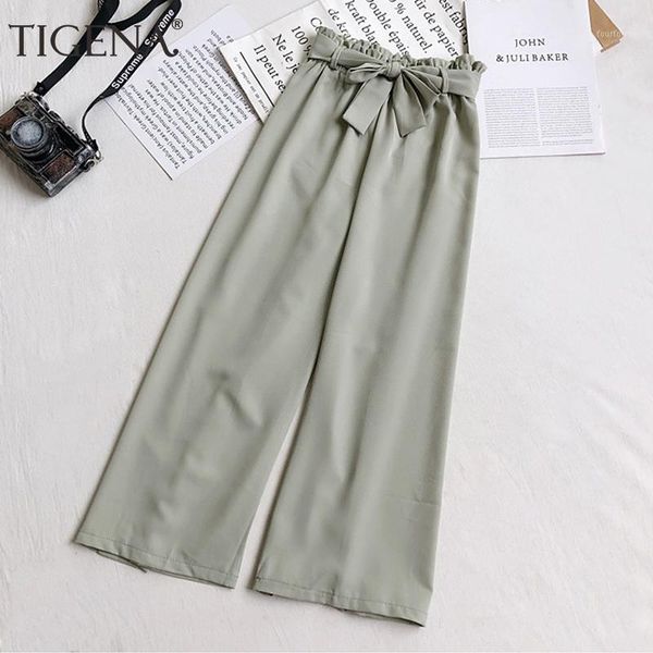 

tigena casual wide leg pants for women 2020 summer korean bow belt loose high waist trousers women ankle length pants female1, Black;white
