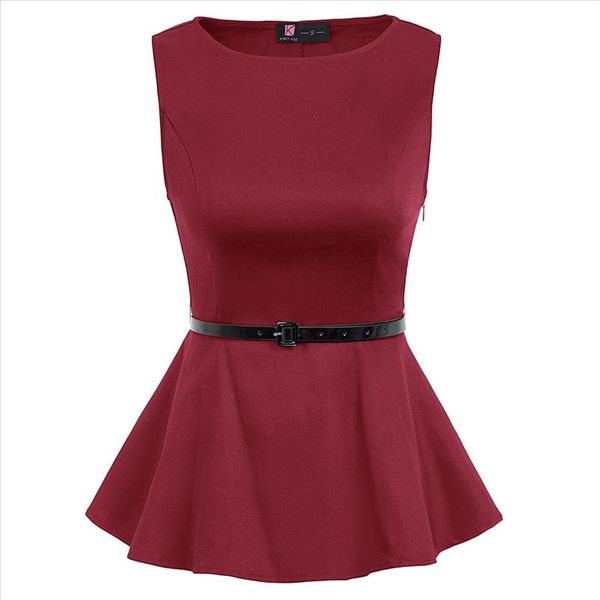 

kate kasin shirt women summer business elegant office lady floral print blouse sleeveless scoop neck belt peplum hem female, White