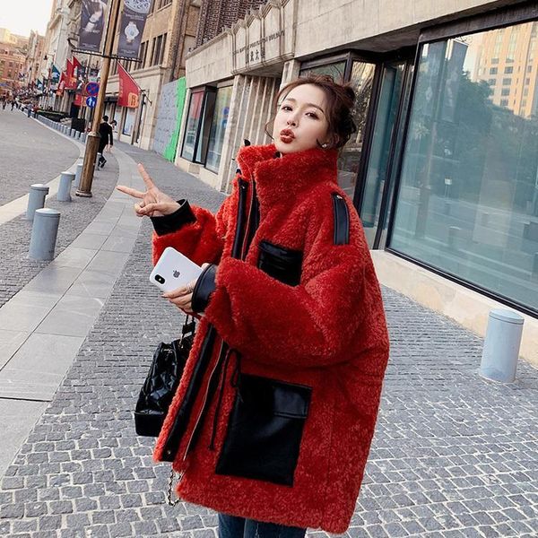 

women 2021 winter new real fur short coat lady casual warm naturual wool loose jacket female fashionthick lambswool outwear b08, Black