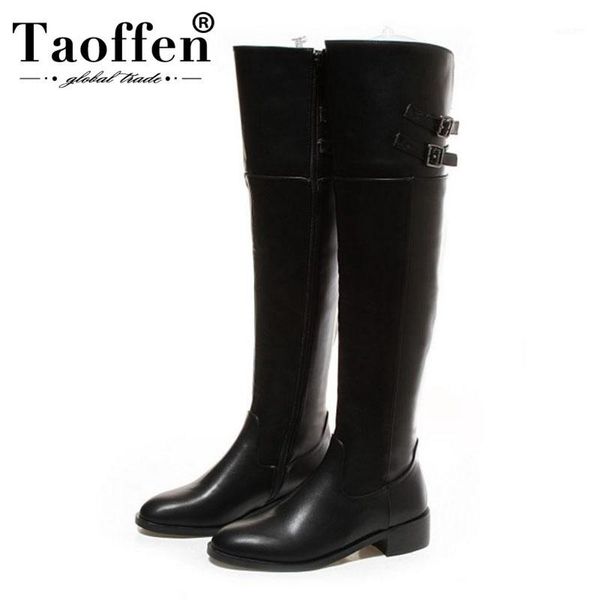 

boots taoffen ladies 2021 arrival knight zipper buckle over the knee flats shoes woman female botas size 33-441, Black