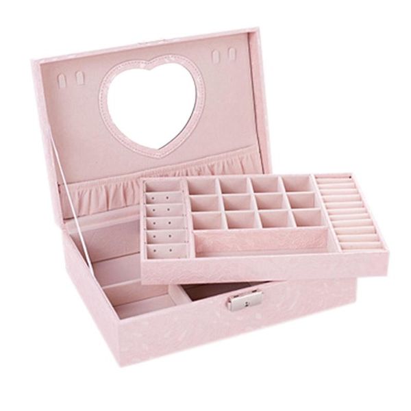 

pu leather double dustproof jewelry storage box double wood jewelry storage box princess, Pink;blue