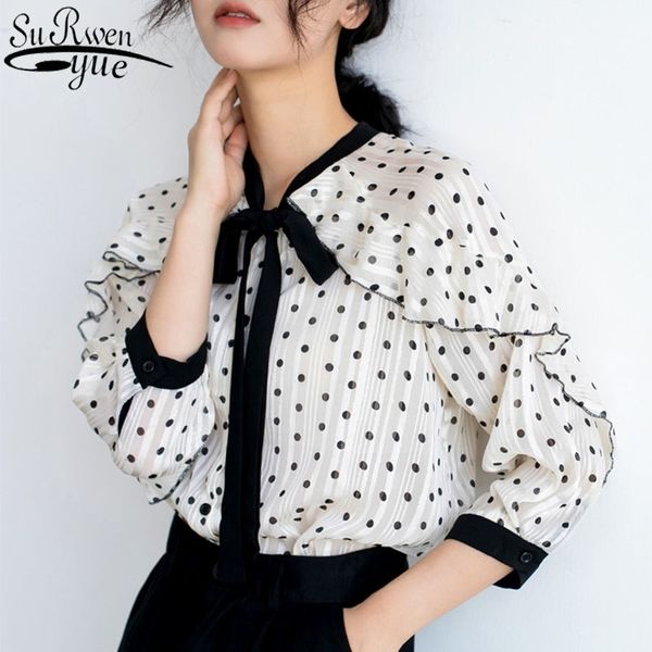 

fashion womens and blouses ladies chiffon blouse shirts bow blusas half button dot batwing sleeve ruffles 5255 50 y200828, White
