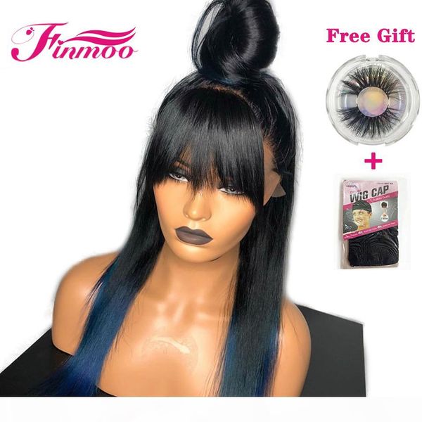 

t blue 13x6 straight lace front human hair wig with bangs for black women blue peruvian remy 13x4 lace wigs 180% for winter