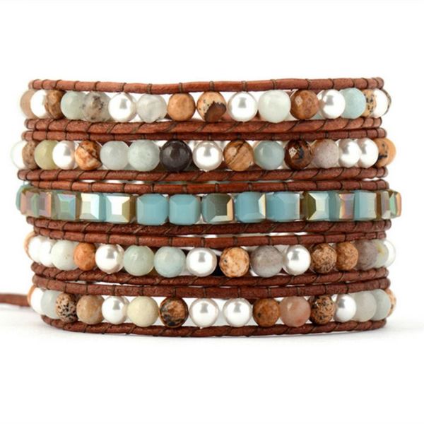 

2020 fashion jewelry 5 strands natural stone bead handmade leather bracelet crystal wrap bracelet handmade drop shipping gift, Black