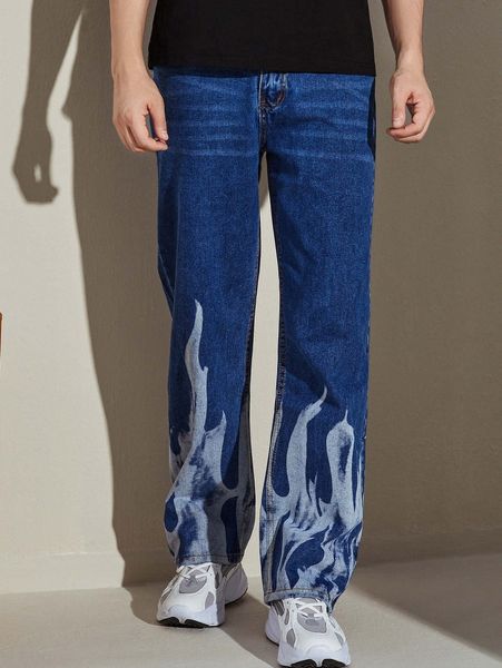 

men fire print straight leg jeans h51q#, Blue