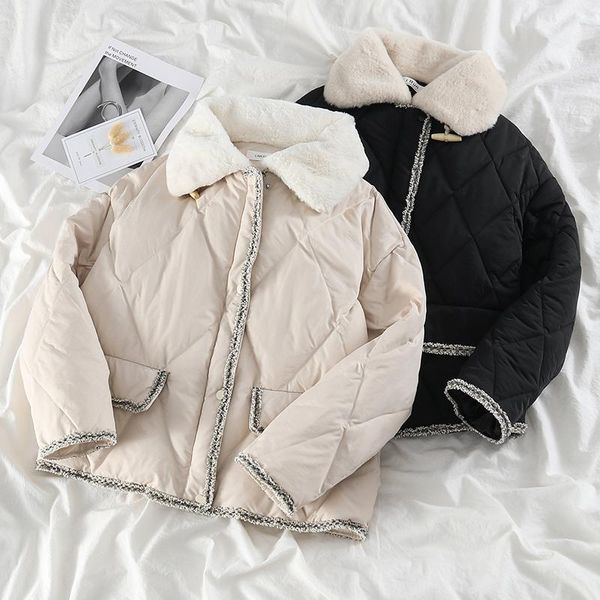 

retro rhombus stitching fur collar age-reducing jakets coat women winter new korean style thickened woven frayed coat, Black;brown