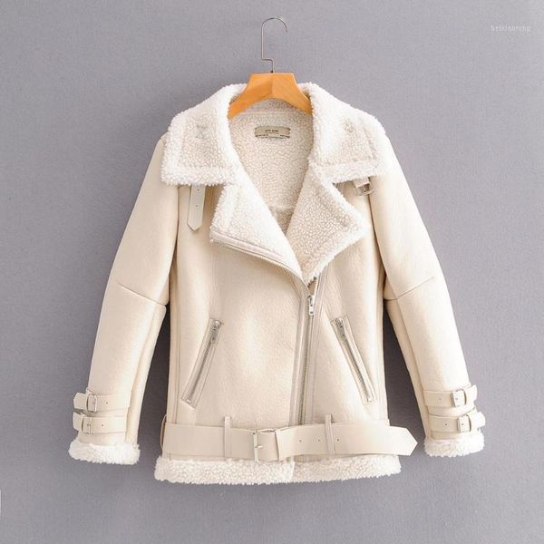 

women beige fur faux leather jacket coat with belt turn down collar ladies 2020 winter thick warm oversized coat1, Black