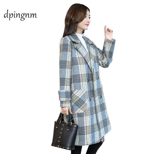 

dpingnm vintage elegant women winter plaid wool coats straight fashionable turn-down collar female outerwear1, Black