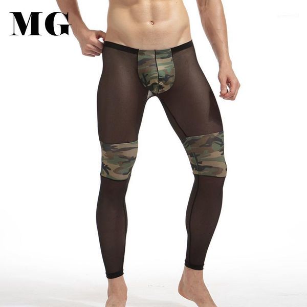 

men's sleepwear mr.gun 2021 men's fashion long john transparent camouflage polyester tights breathable sheer mesh full length pant, Black;brown