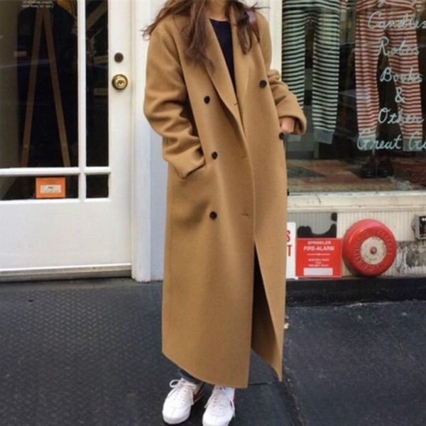 

korea women autumn winter double breasted long wool coat ladies long sleeve notched collar overcoat parka jacket vintage1, Black