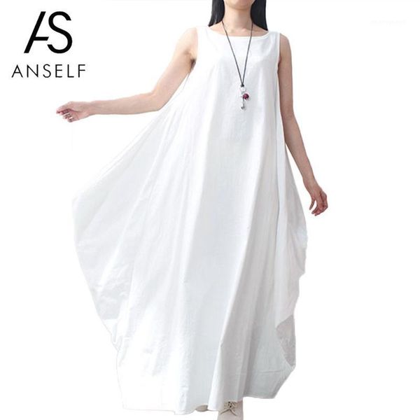 

anself women cotton linen dress sleeveless 4xl 5xl plus size maxi long dress pockets solid loose summer sundress white/red/black1, Black;gray