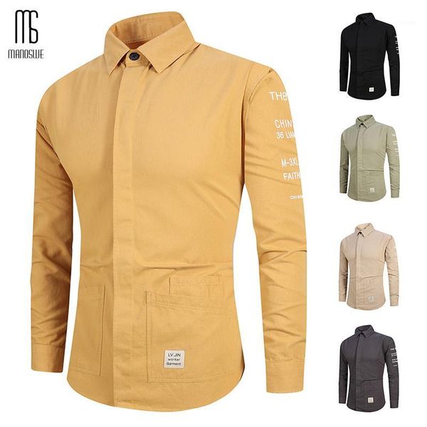 

manoswe spring & autumn men retro long sleeve shirt trend solid color loose shirt pocket male button-down collar fashion style1, White;black