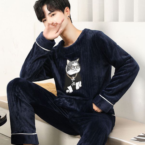 

winter flannel cartoon men's pajama pants set thick plus velvet home costumes long sleeve o-neck sleepwear soft warm homewear lj201112, Black;brown