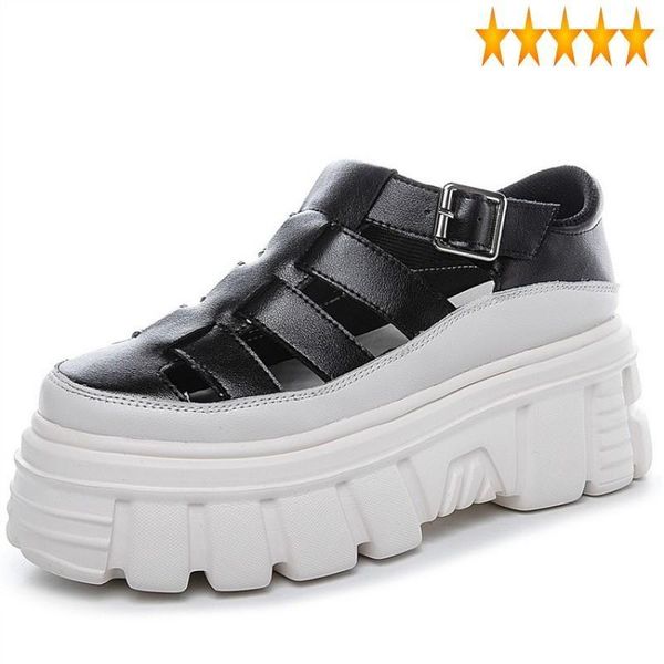 

women real leather platform summer shoes street leisure high heel gladiator white hollow out wedge sandals zapatillas, Black